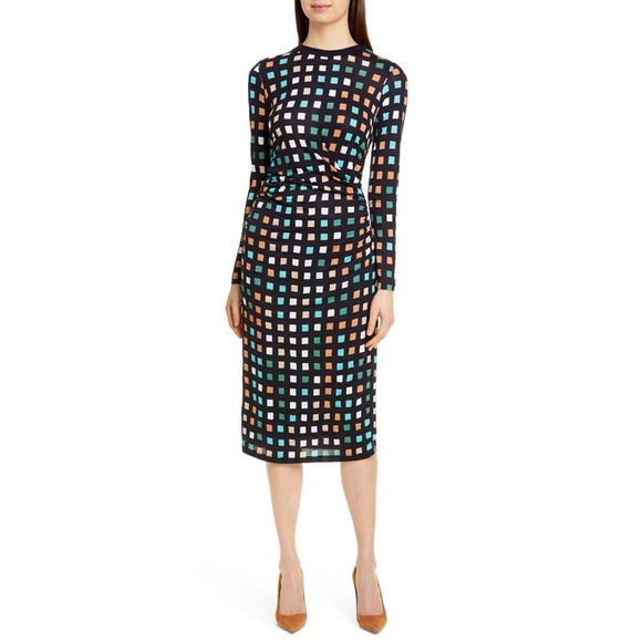 Hugo Boss Dresses & Skirts - Hugo Boss Esetta Ruched Dress Sz M Black Checkered Geo Square Print Long Sleeve